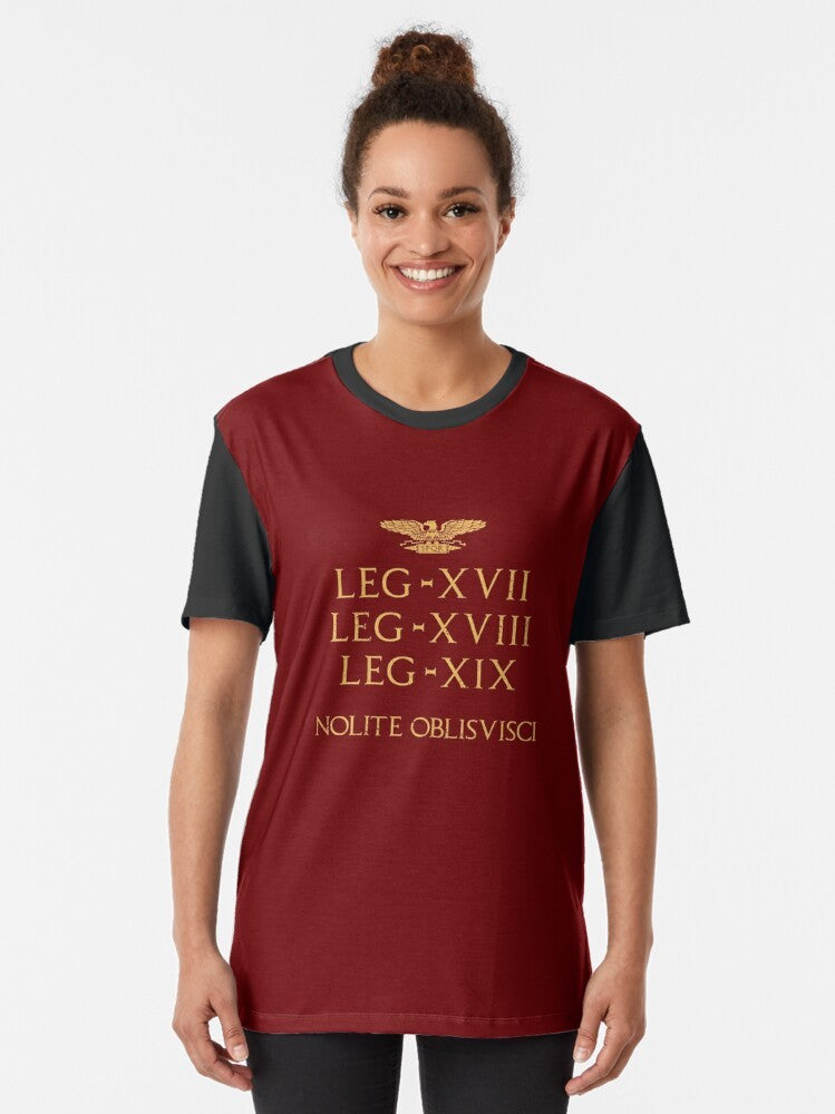 A graphic t-shirt design featuring the Battle of Teutoburg Forest and Roman legions. - Women