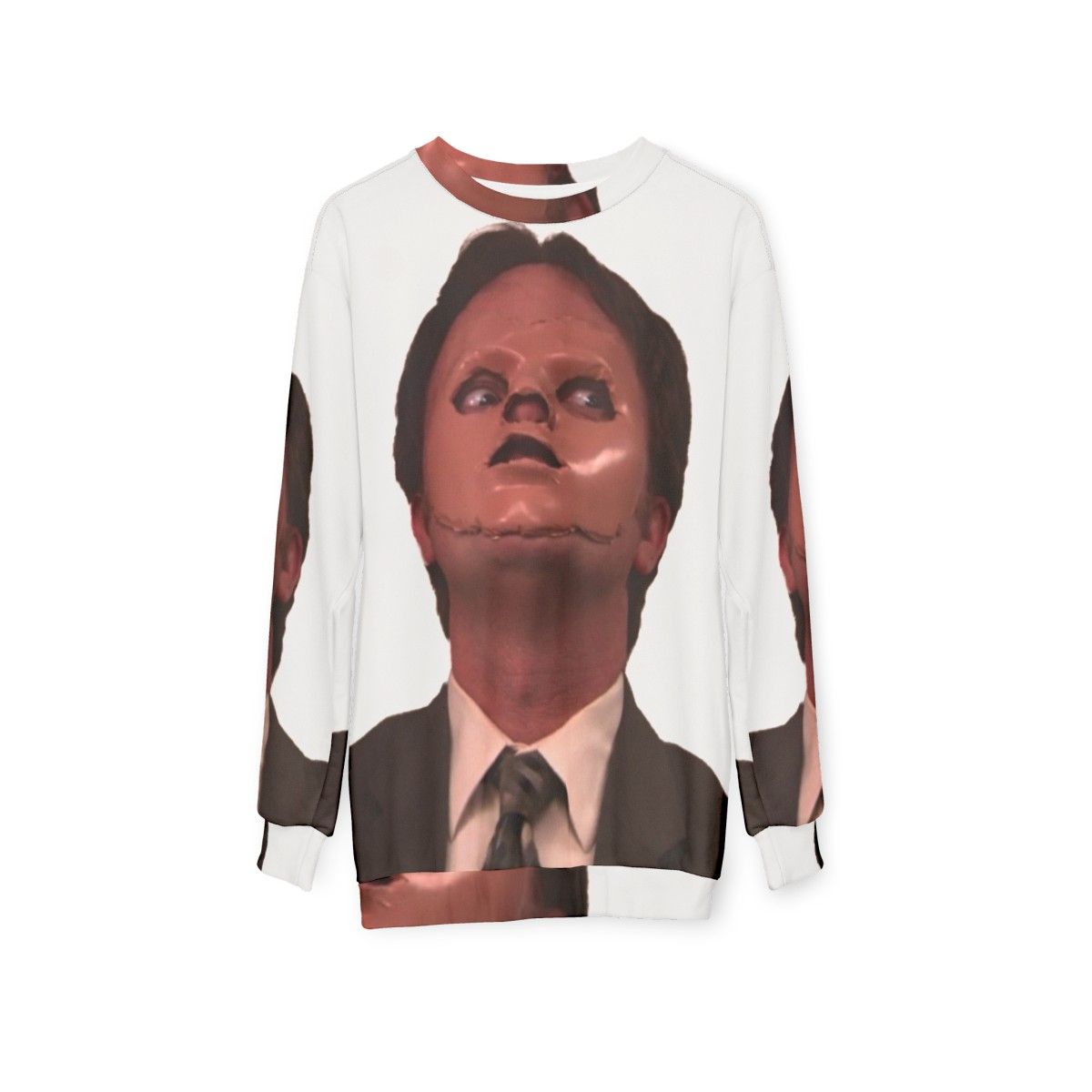 Creepy Dwight Schrute skin mask sweatshirt from The Office - hanging