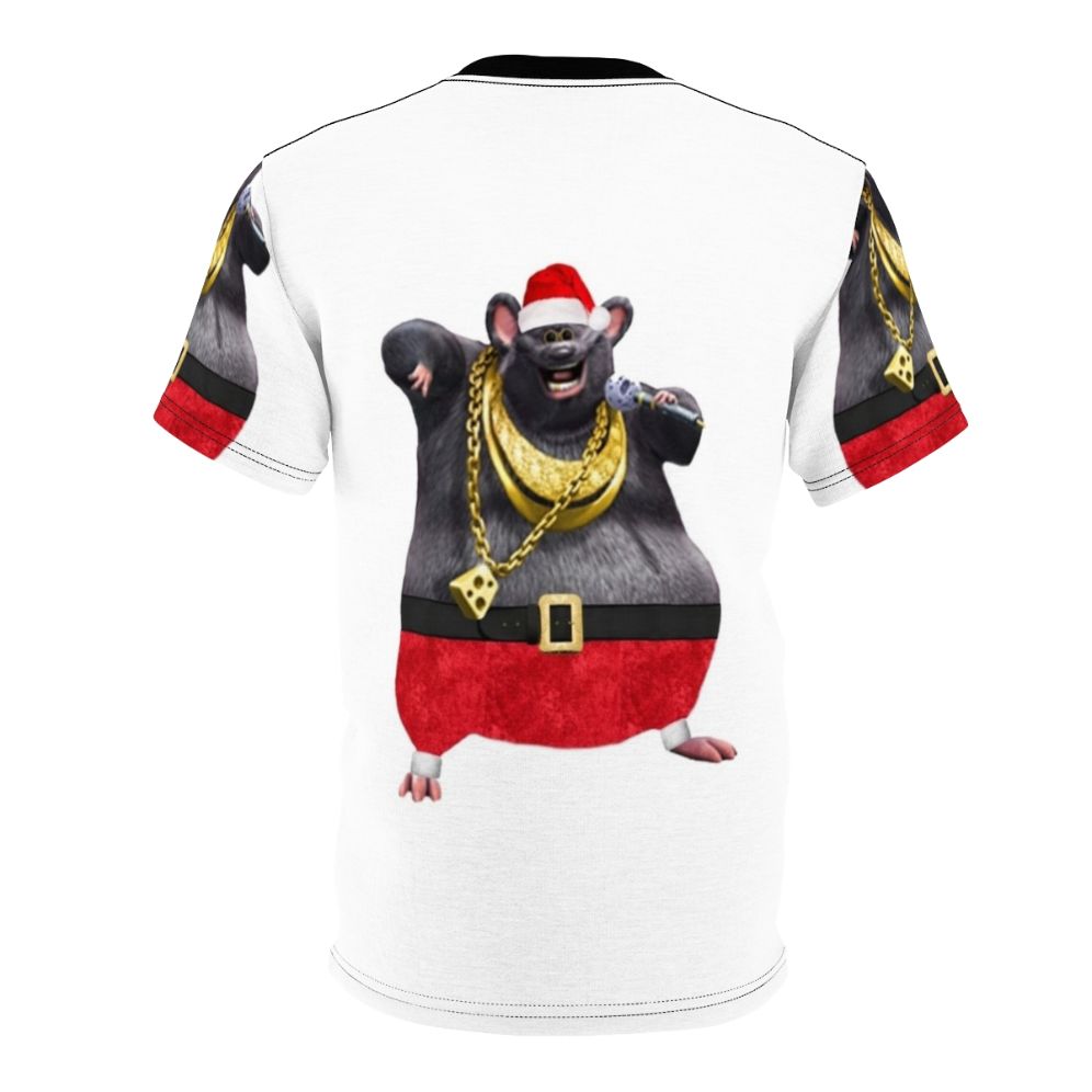 Whimsical illustration of Biggie Cheese character in a Christmas-themed design on a t-shirt - Back