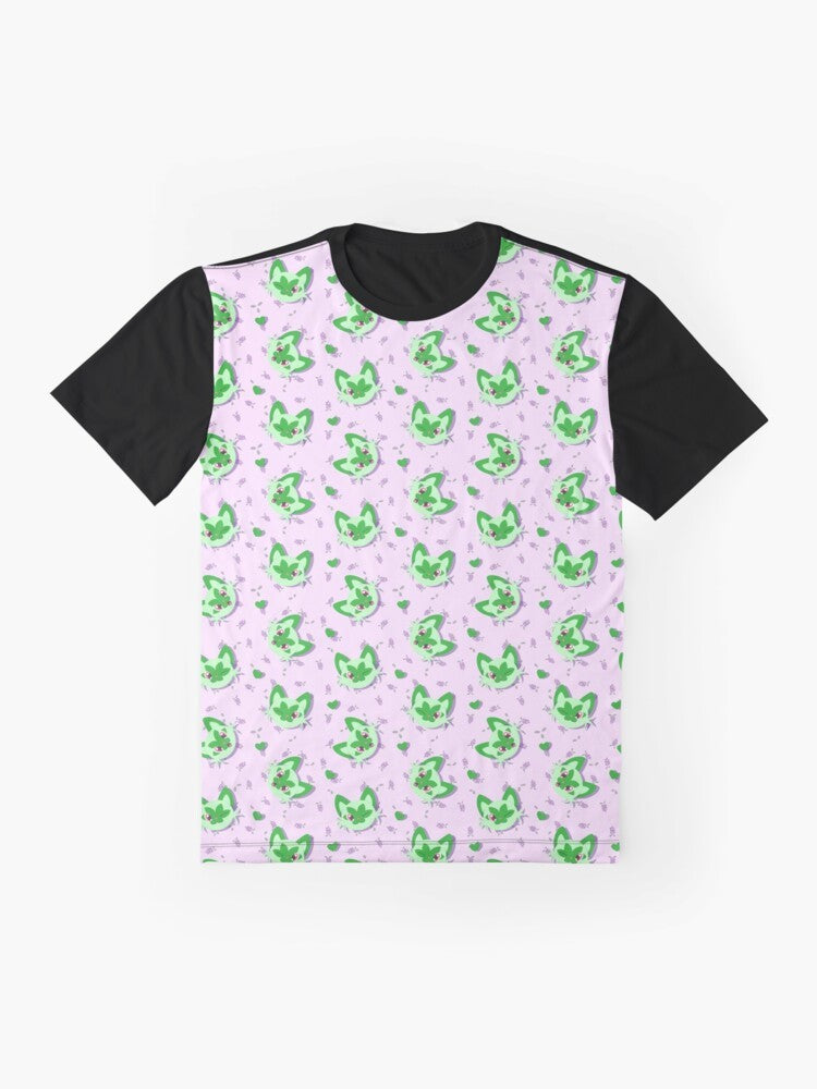 Spriggy pattern graphic t-shirt featuring cute cat and floral design - Flat lay