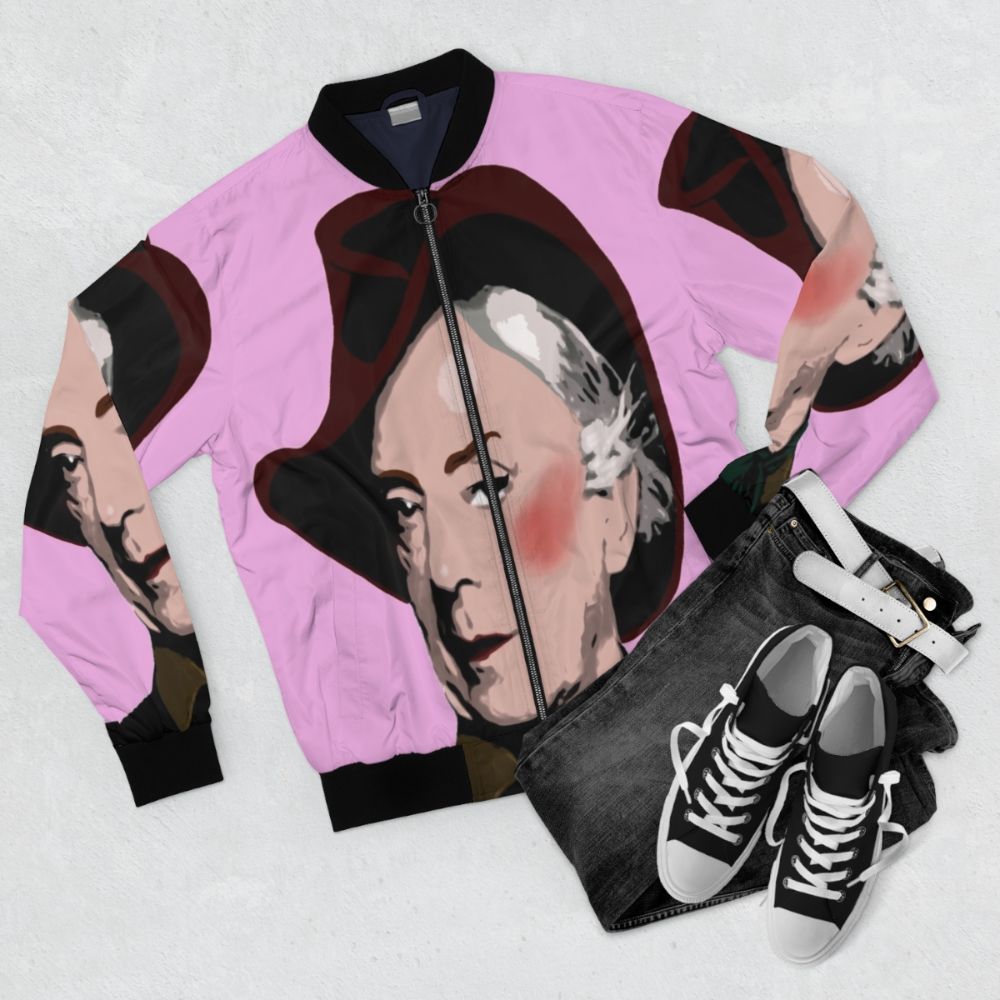 Quentin Crisp Icon Bomber Jacket, featuring the legendary LGBTQ+ figure - Flat lay