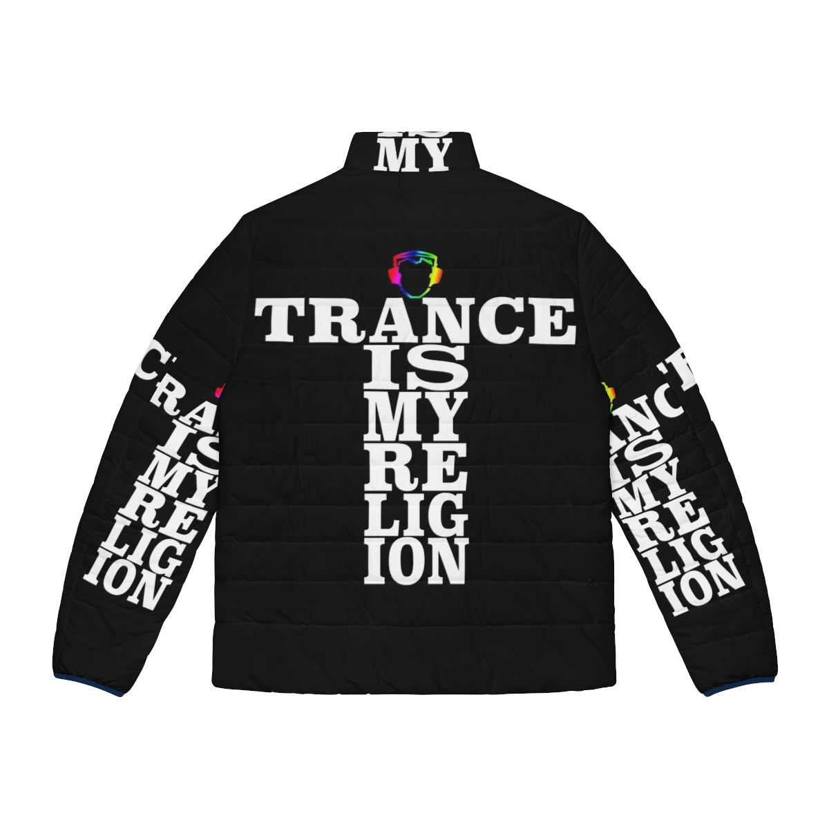 Trance Is My Religion Puffer Jacket featuring electronic dance music symbols and artists - Back