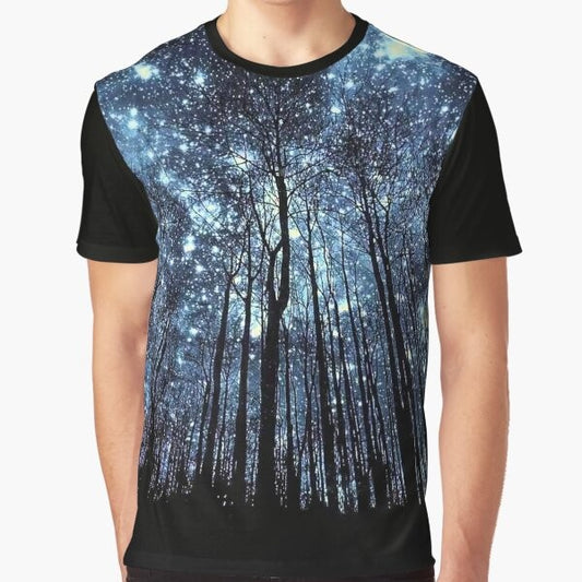 Graphic t-shirt with a starry night sky design, perfect for astronomy and physics enthusiasts.