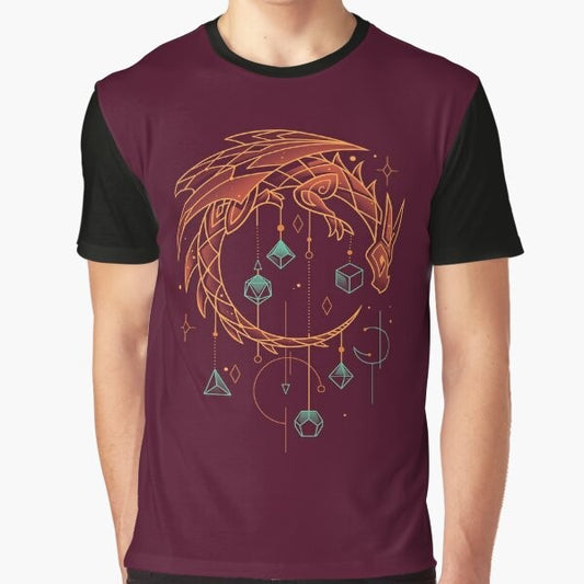 A minimalistic t-shirt design featuring a dragon-themed dice keeper, perfect for roleplaying gamers and fans of fantasy.