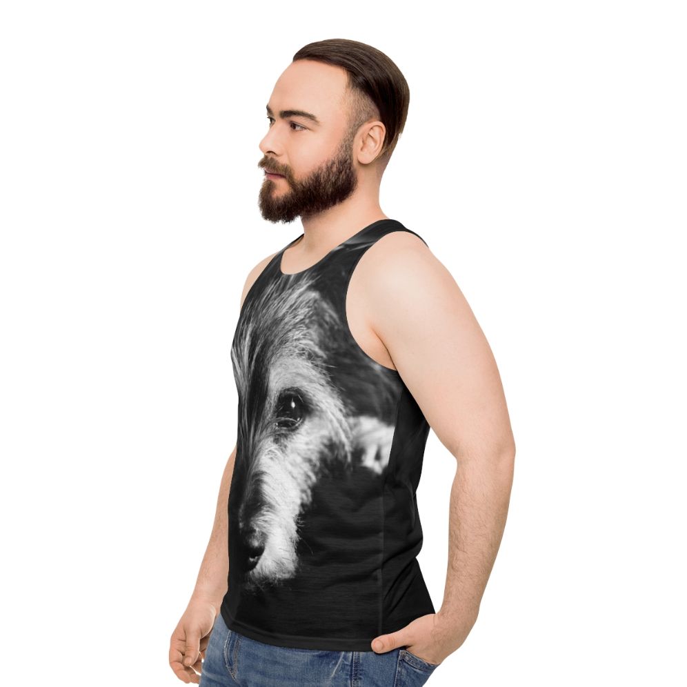 Unisex black and white terrier dog print tank top - men side