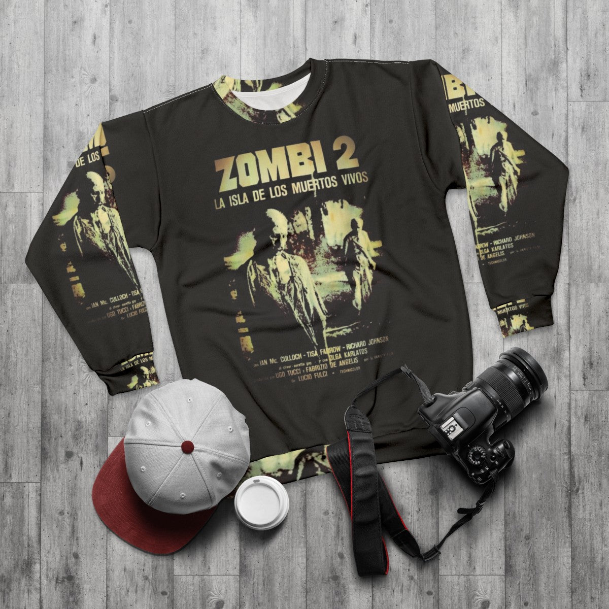 Zombi 2 Sweatshirt featuring horror imagery and the classic film - flat lay