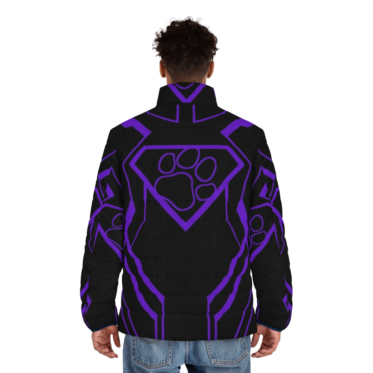 Superpup Purple Puffer Jacket with LGBTQ+ and puppy play inspired design - men back