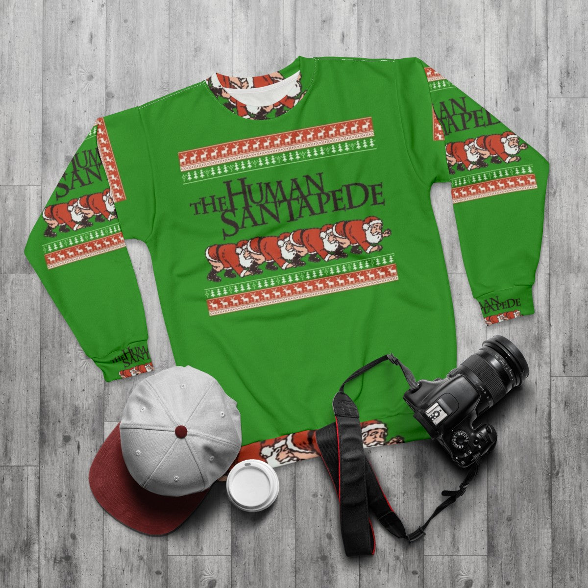 "Human Centipede" inspired Christmas sweater design - flat lay