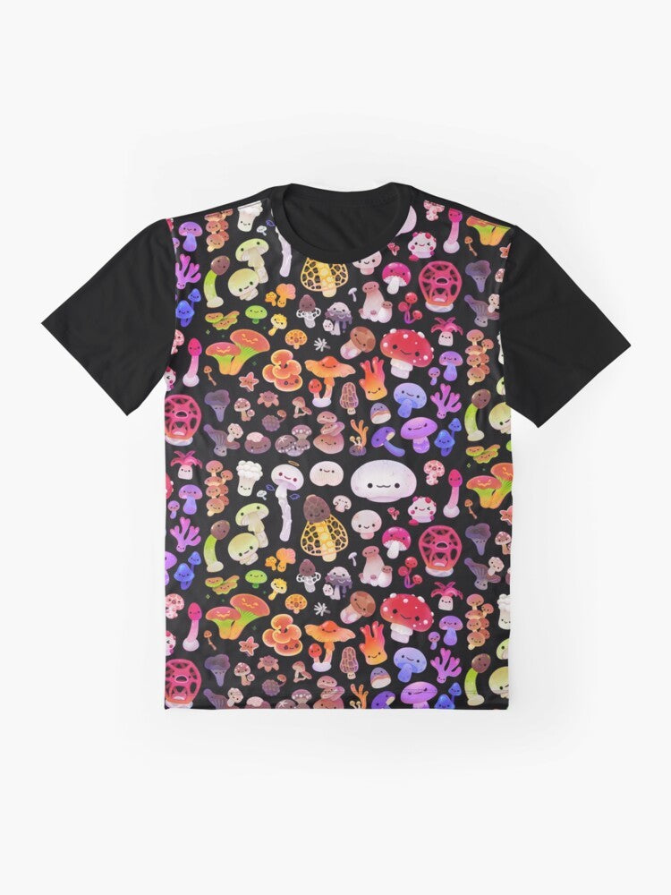 Mushroom graphic t-shirt featuring a fun and detailed illustration of various fungi - Flat lay