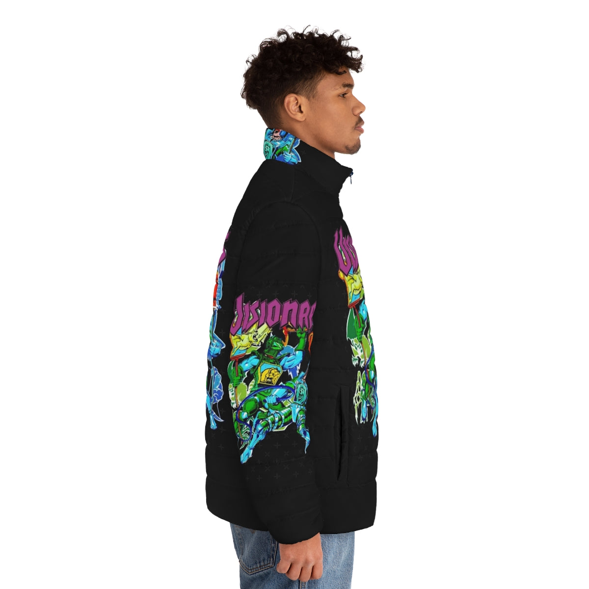 Retro 80s visionaries puffer jacket with psychedelic, trippy, and vintage inspired design - men side right