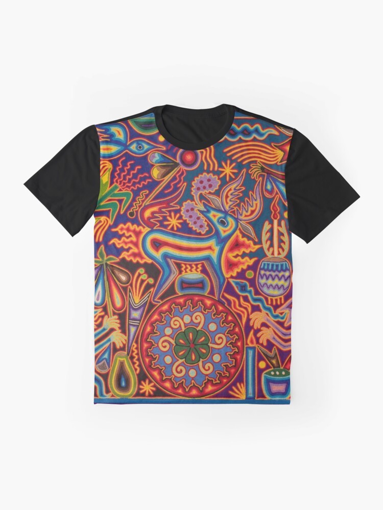 Vibrant Huichol-inspired graphic t-shirt featuring colorful Mexican cultural elements and symbols like skulls, flowers, and abstract patterns. - Flat lay