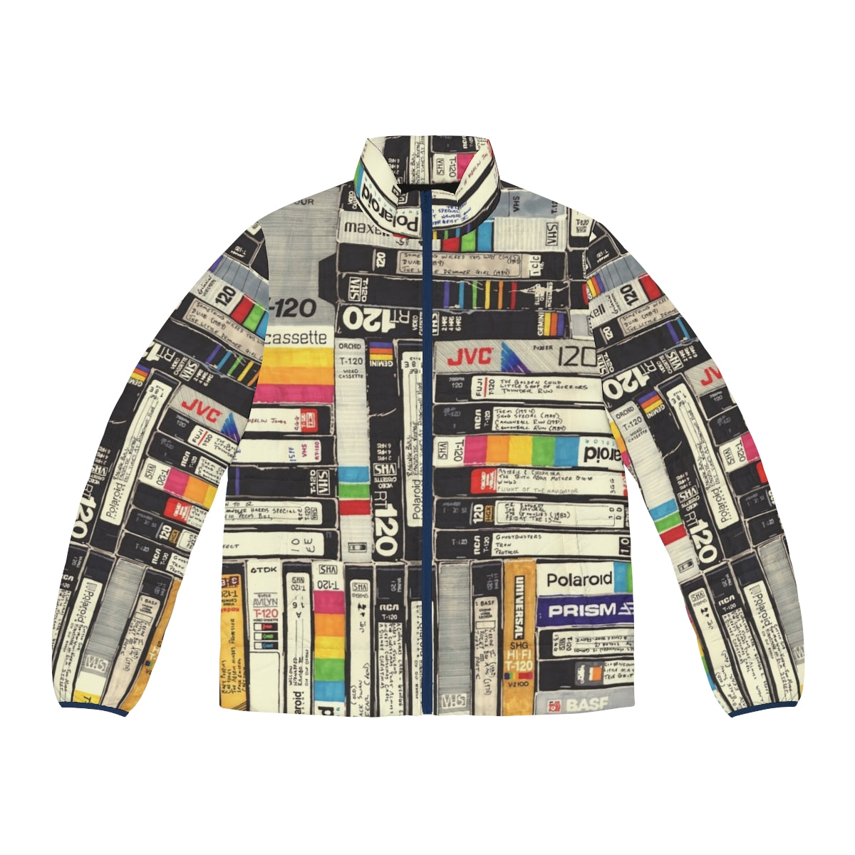 Retro VHS puffer jacket with vibrant, nostalgic graphics