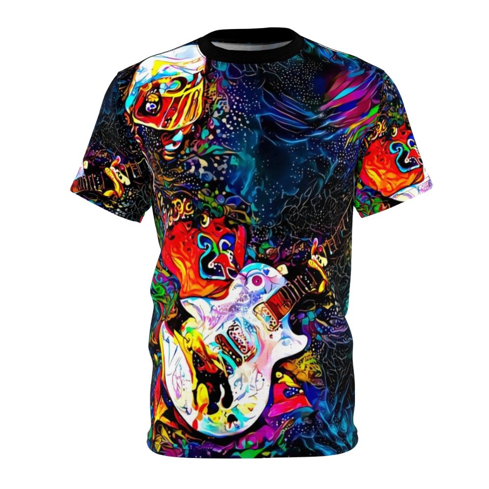 Colorful graphic t-shirt featuring abstract fan art design of musician Buckethead