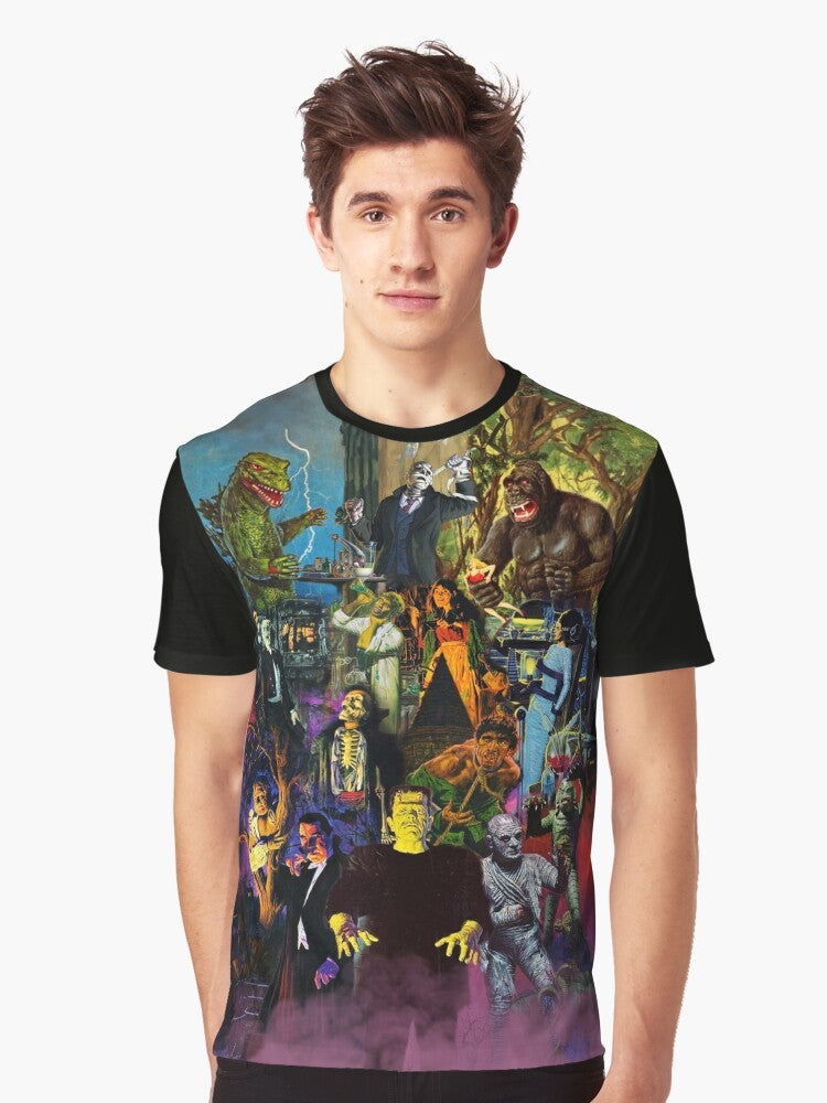 Retro-style graphic t-shirt featuring classic movie monsters like Frankenstein, Dracula, and the Creature from the Black Lagoon, inspired by 1960s monster model kits and box art. - Men