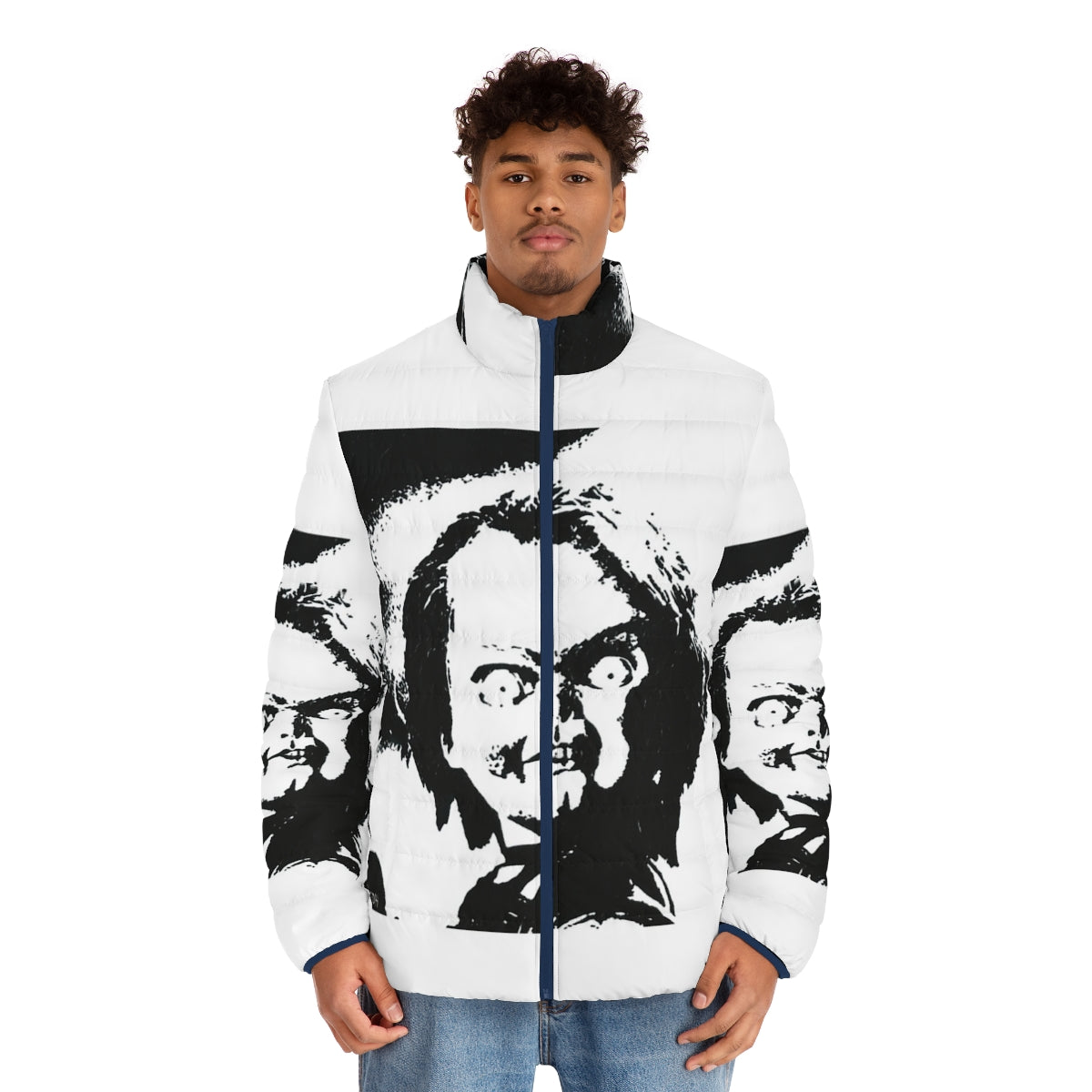 Chucky Puffer Jacket featuring horror movie pop art design - men front