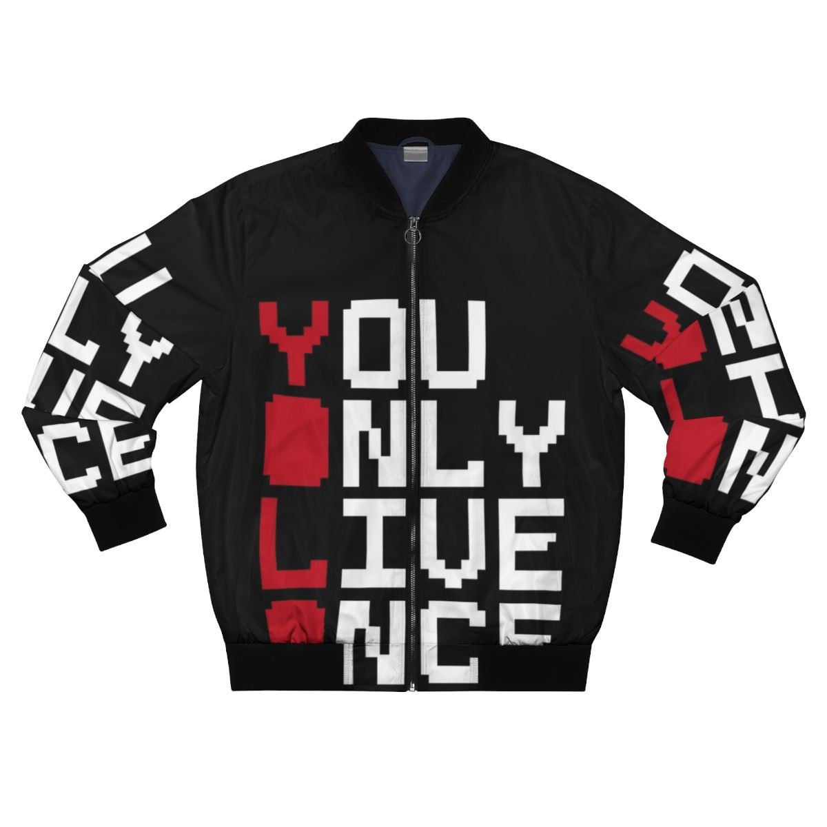 YOLO (You Only Live Once) inspirational quote printed on a bomber jacket