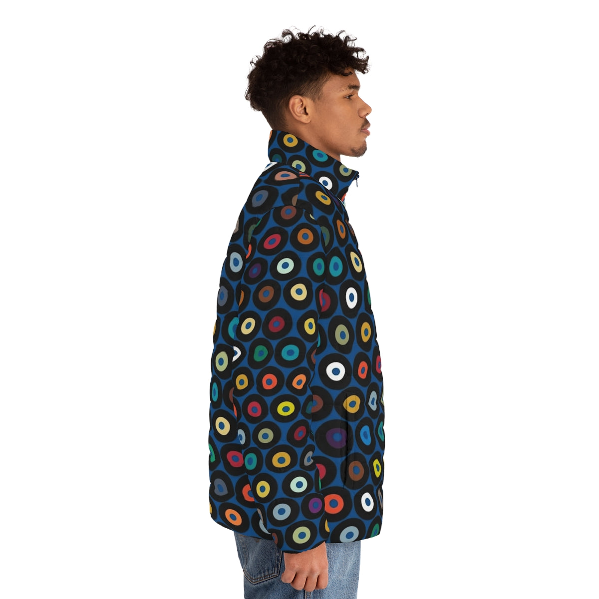 Blue vinyl puffer jacket with retro graphic design - men side right