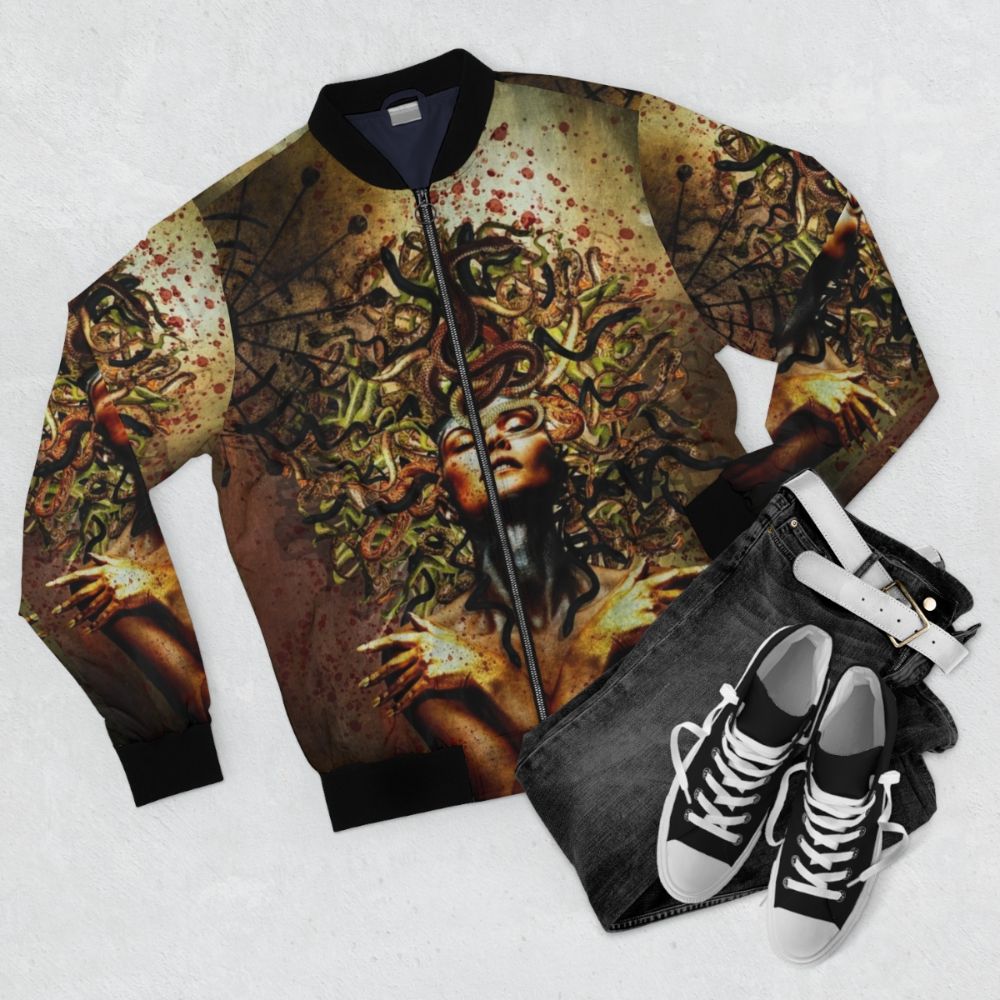 Medusa-inspired surrealist bomber jacket with snake motifs - Flat lay