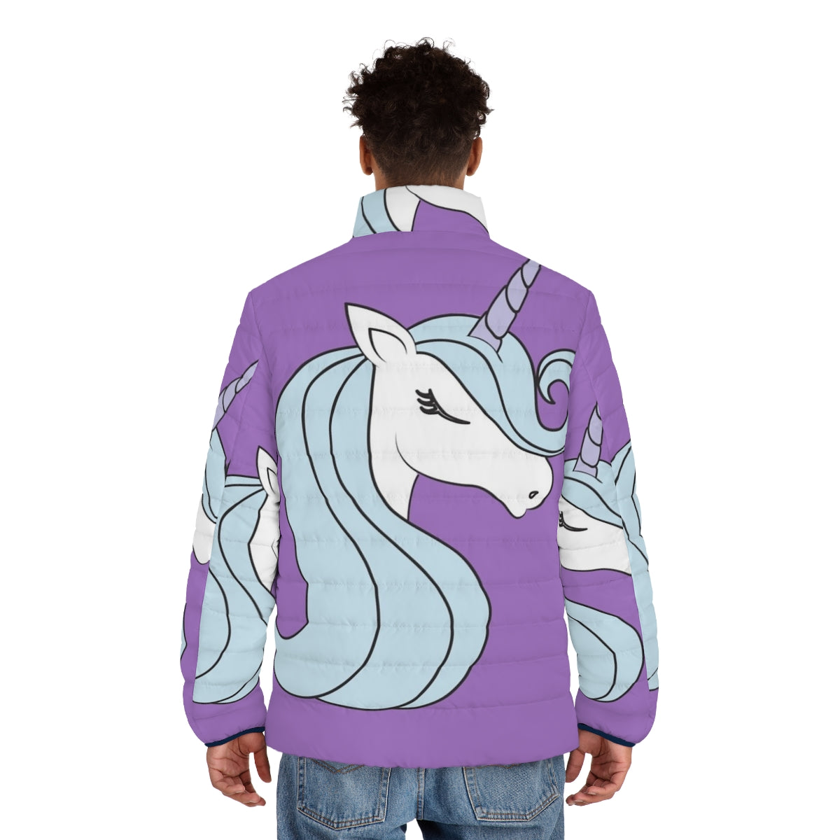 The Last Unicorn Minimalist Puffer Jacket with a unicorn head and horn in purple and blue - men back