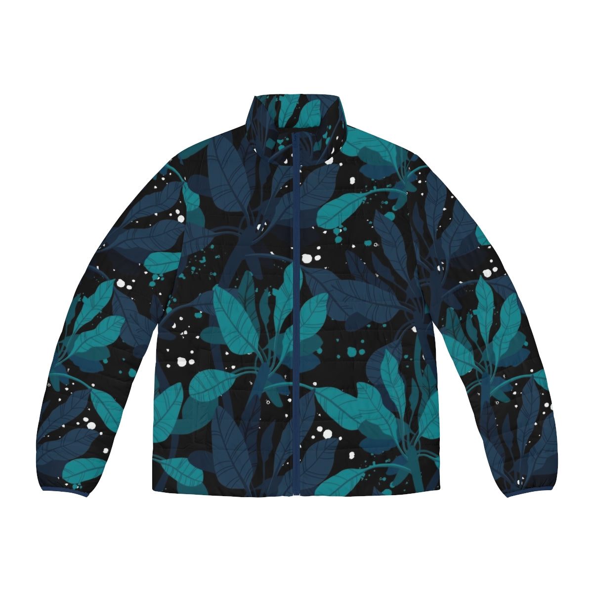 A dark puffer jacket with a vibrant Hawaiian pattern and bioluminescent-inspired floral design