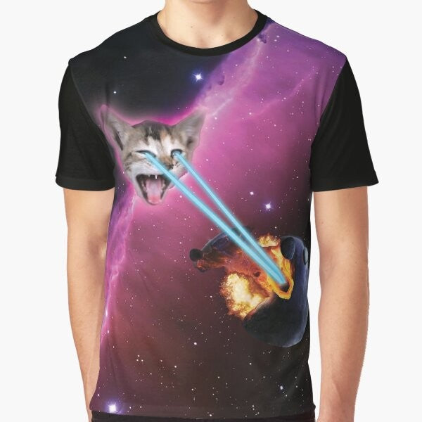 A graphic t-shirt design featuring a laser-wielding cat destroying planets in space.