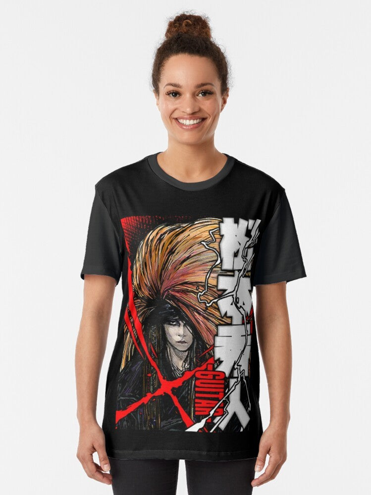 X Japan T-Shirt featuring the iconic Red X design and the image of hide (Hideto Matsumoto), the legendary guitarist of the Japanese rock band. - Women