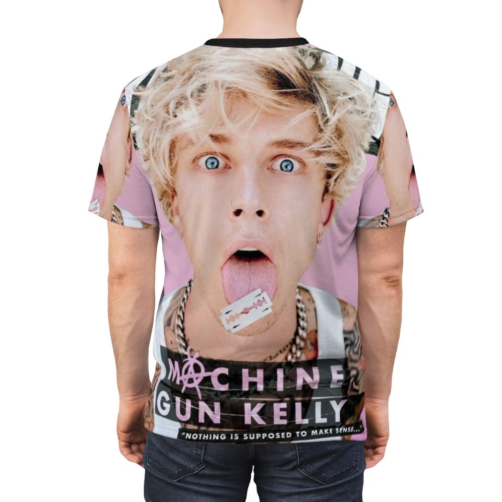 Crazy face blonde man graphic t-shirt featuring machine gun kelly and rap music imagery - men back