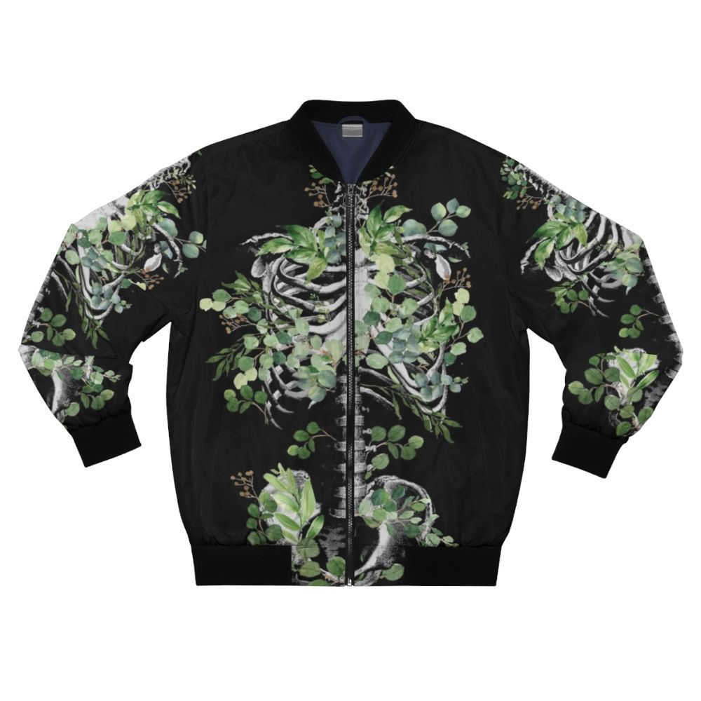 Botanical skeleton bomber jacket featuring rib cage, pelvis, and eucalyptus leaves floral design