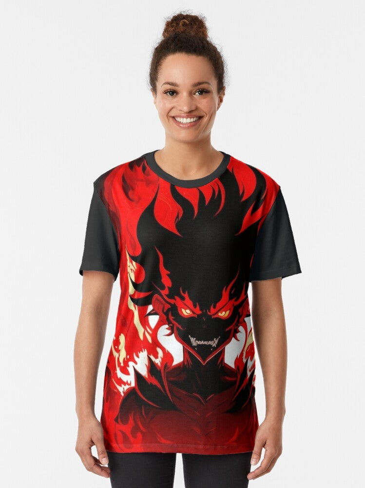 Graphic t-shirt design featuring an anime-inspired demon character surrounded by fiery flames, representing the infernal rhythm of Brazilian phonk music. - Women