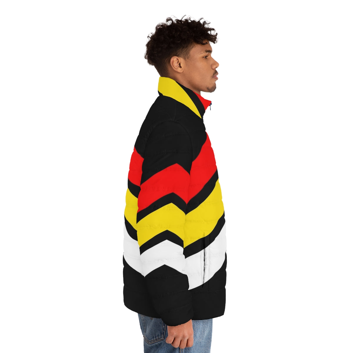 Commotion Stripes Geometric Puffer Jacket in vibrant red, yellow, and white colors - men side right