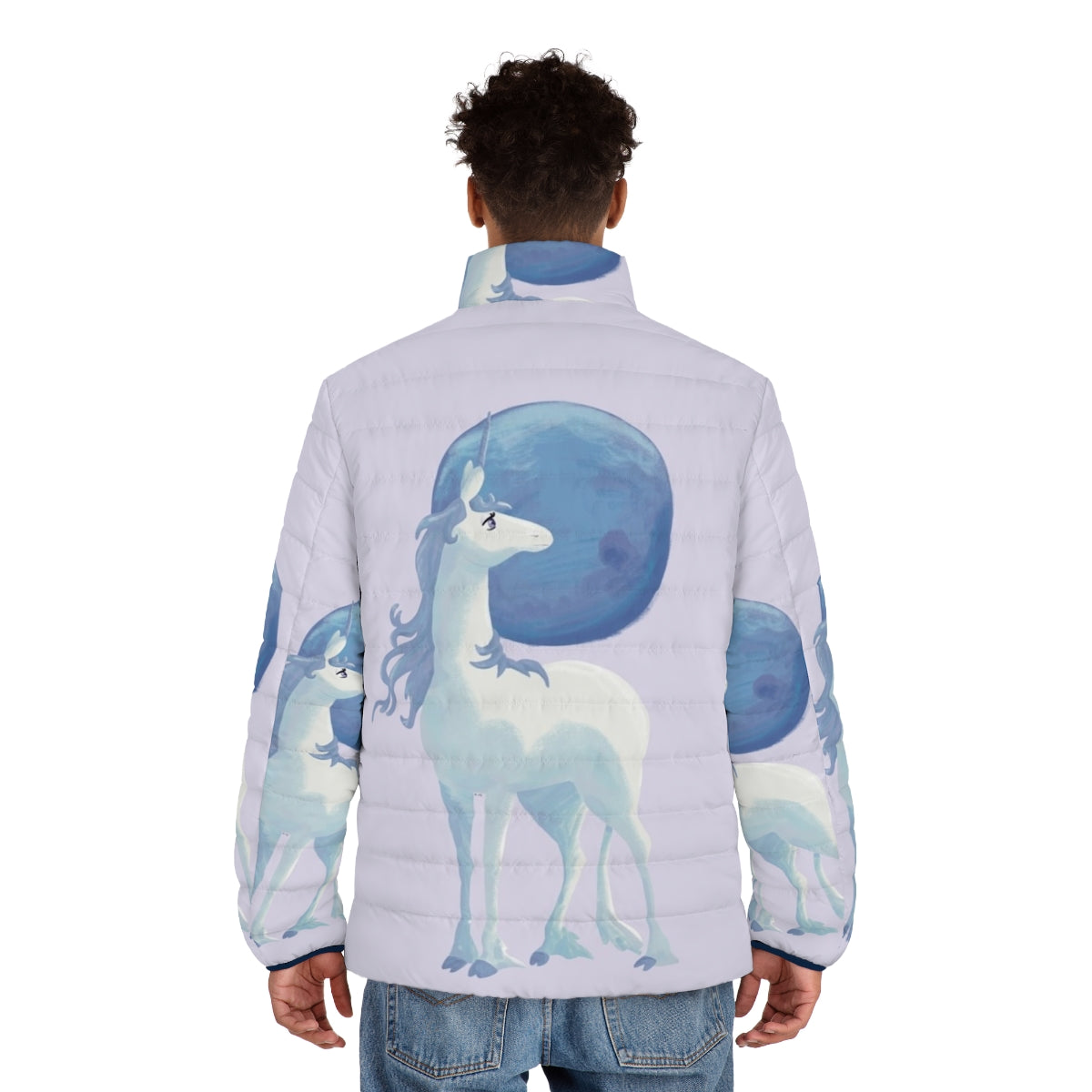 The Last Unicorn Puffer Jacket with a mythical creature design - men back