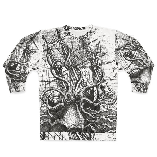 Vintage illustration of the legendary kraken sea monster attacking a ship on a sweatshirt