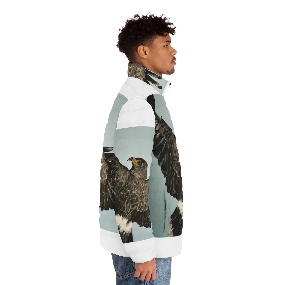 A stylish puffer jacket featuring a hawk or bird of prey design, perfect for outdoor enthusiasts and nature lovers. - men side right