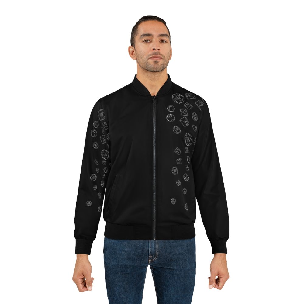 Dice bomber jacket with a gaming design, perfect for gamers and RPG enthusiasts. - Lifestyle