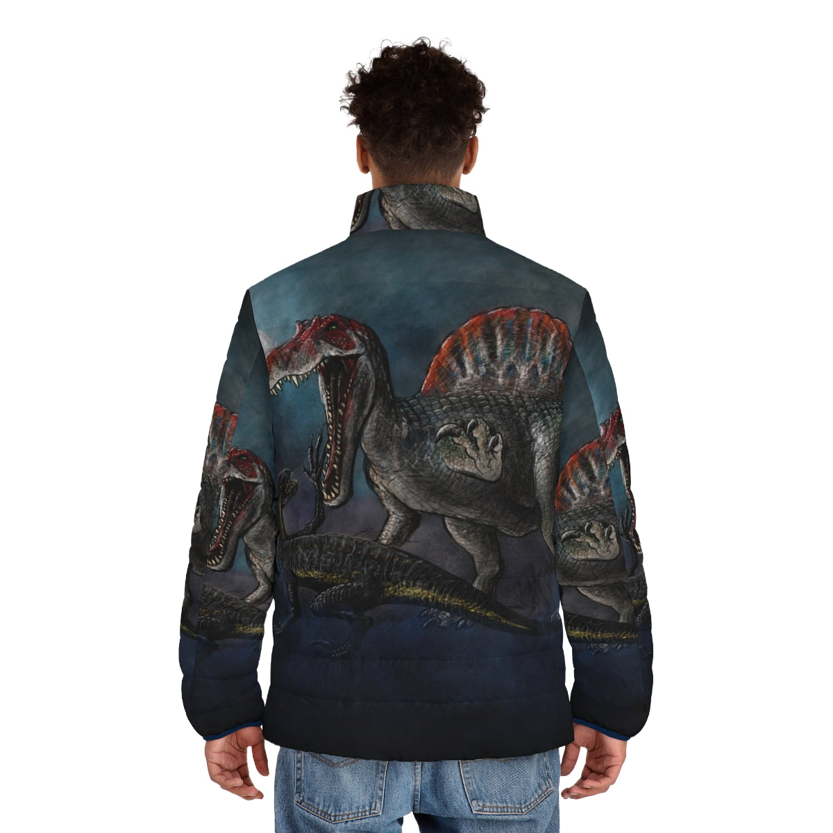 Spinosaurus vs Indominus Rex dinosaur battle puffer jacket - men back