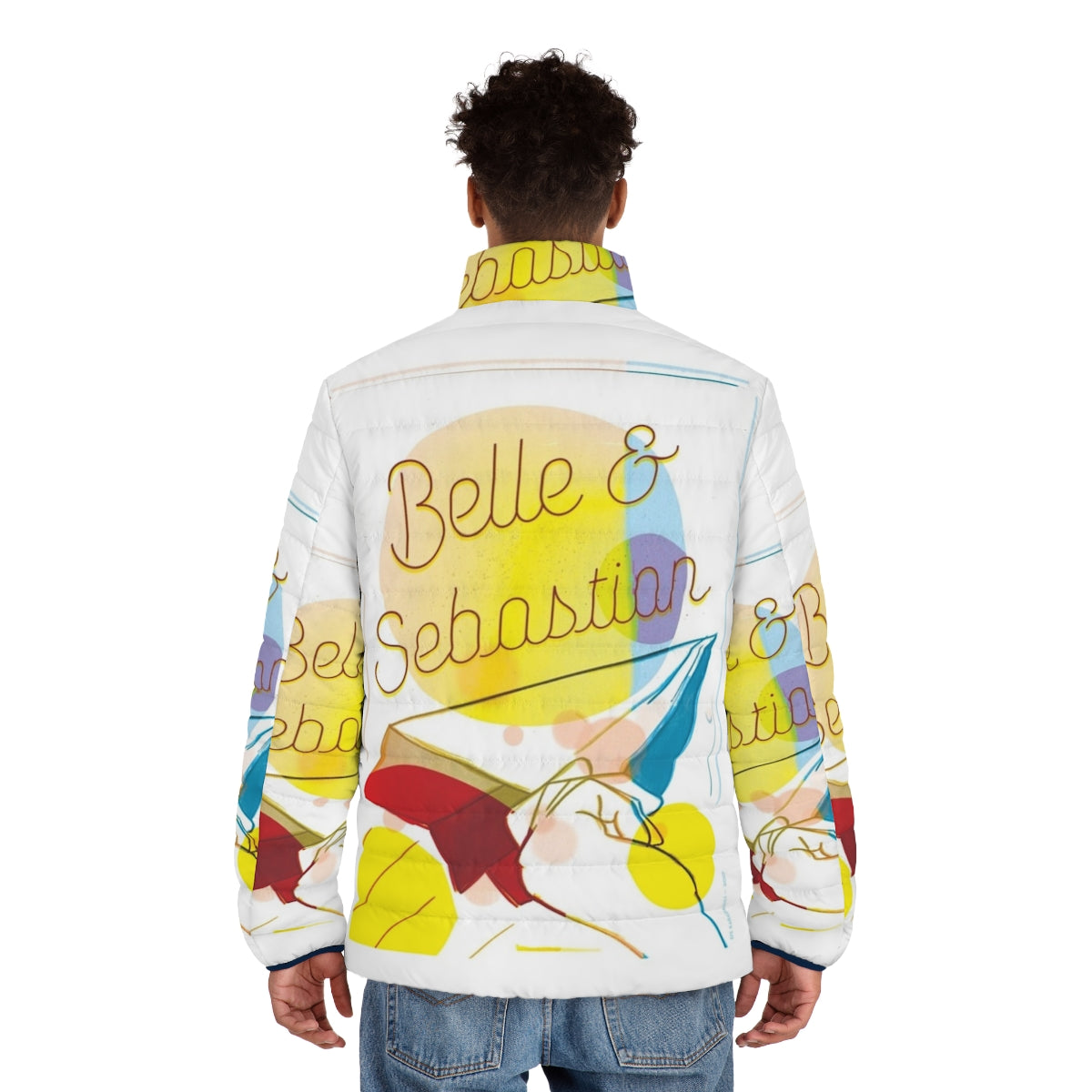 Vibrant puffer jacket featuring the iconic indie band Belle and Sebastian - men back