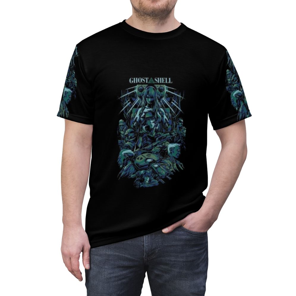 Anime inspired Ghost in the Shell t-shirt featuring characters Motoko Kusanagi, Batou, and Tachikoma - men front