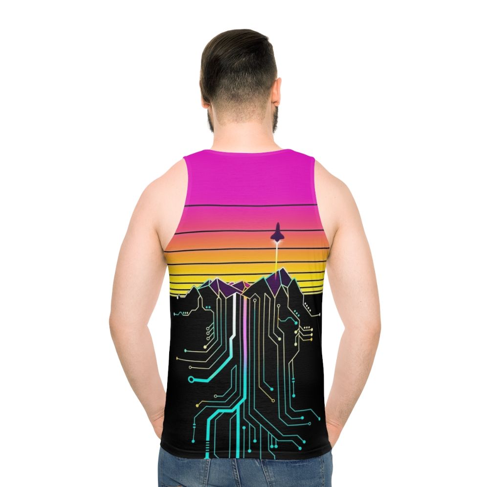 Unisex tank top with synthwave, vaporwave, and NASA space-inspired design - men back