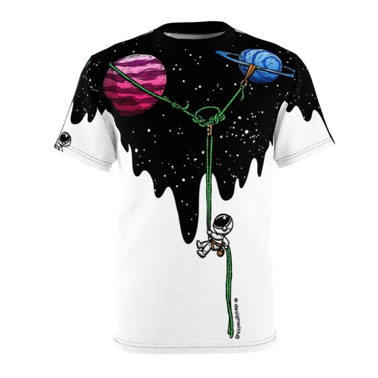 Galaxy-themed rock climbing t-shirt featuring a vibrant, space-inspired design for outdoor enthusiasts