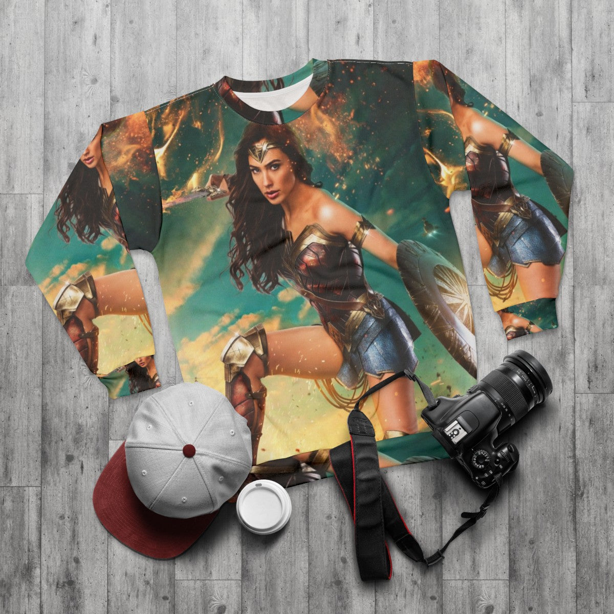 Superhero Amazon Sweatshirt featuring Gal Gadot - flat lay