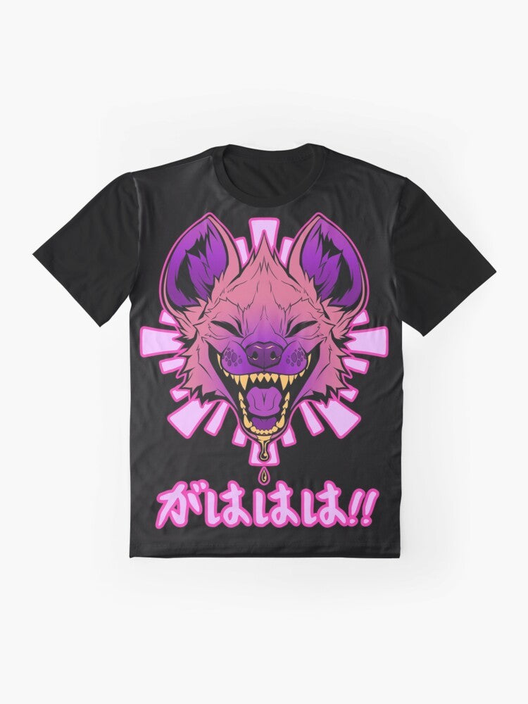 Adorable chibi hyena character in a kawaii Japanese-inspired vaporwave design on a graphic t-shirt. - Flat lay