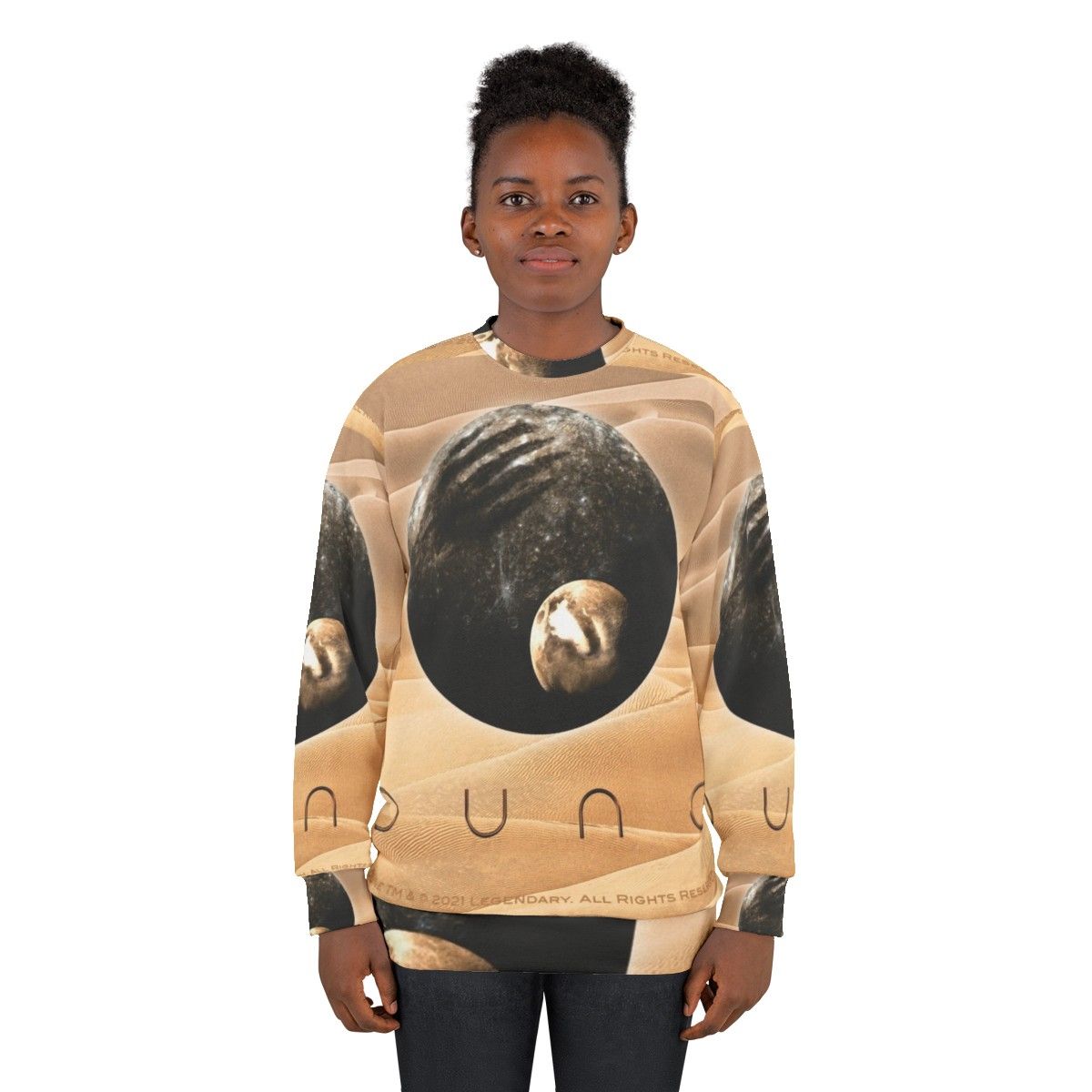 Dune-inspired cinematic sweatshirt featuring planet and moon designs - women