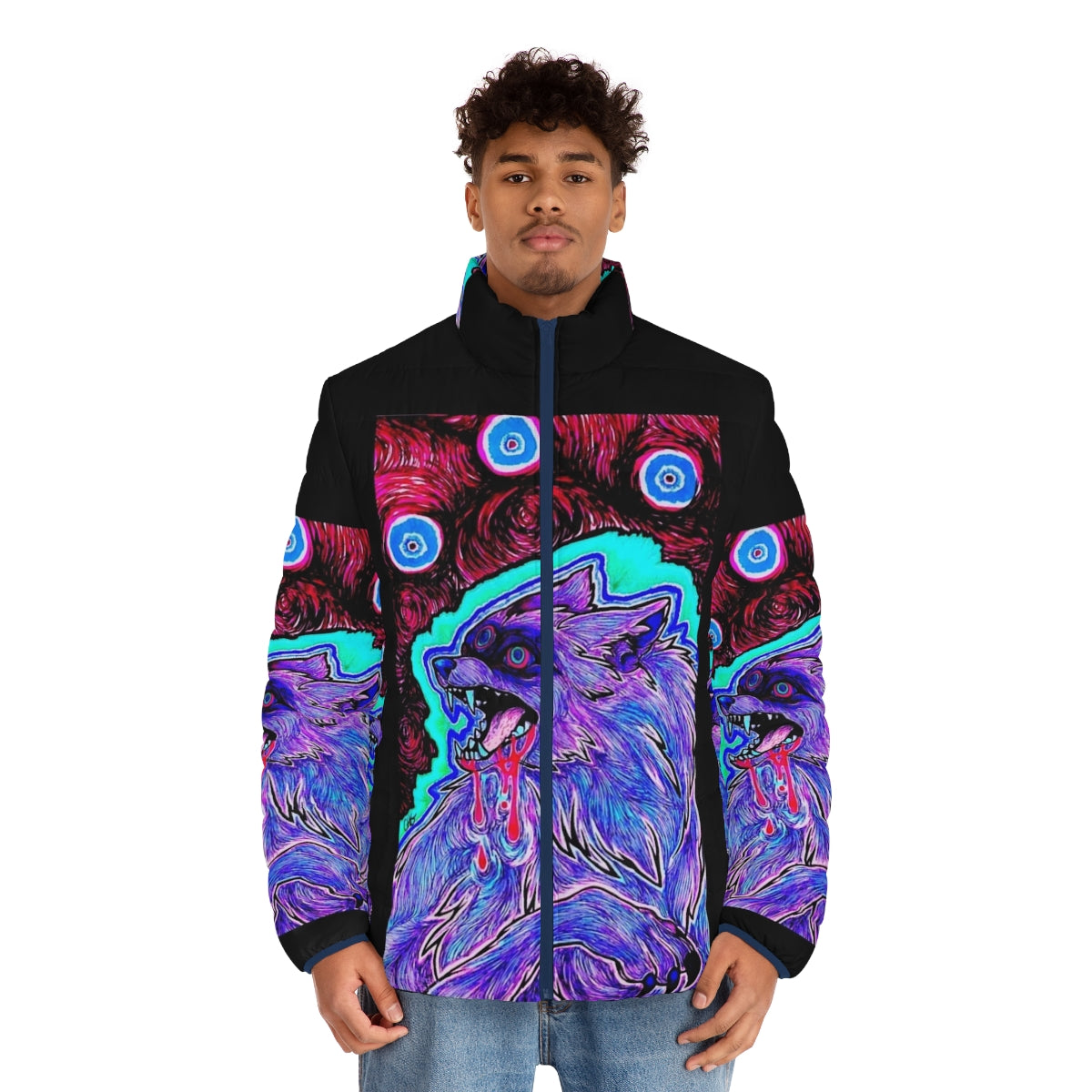 Psychedelic puffer jacket with surreal animal head design - men front