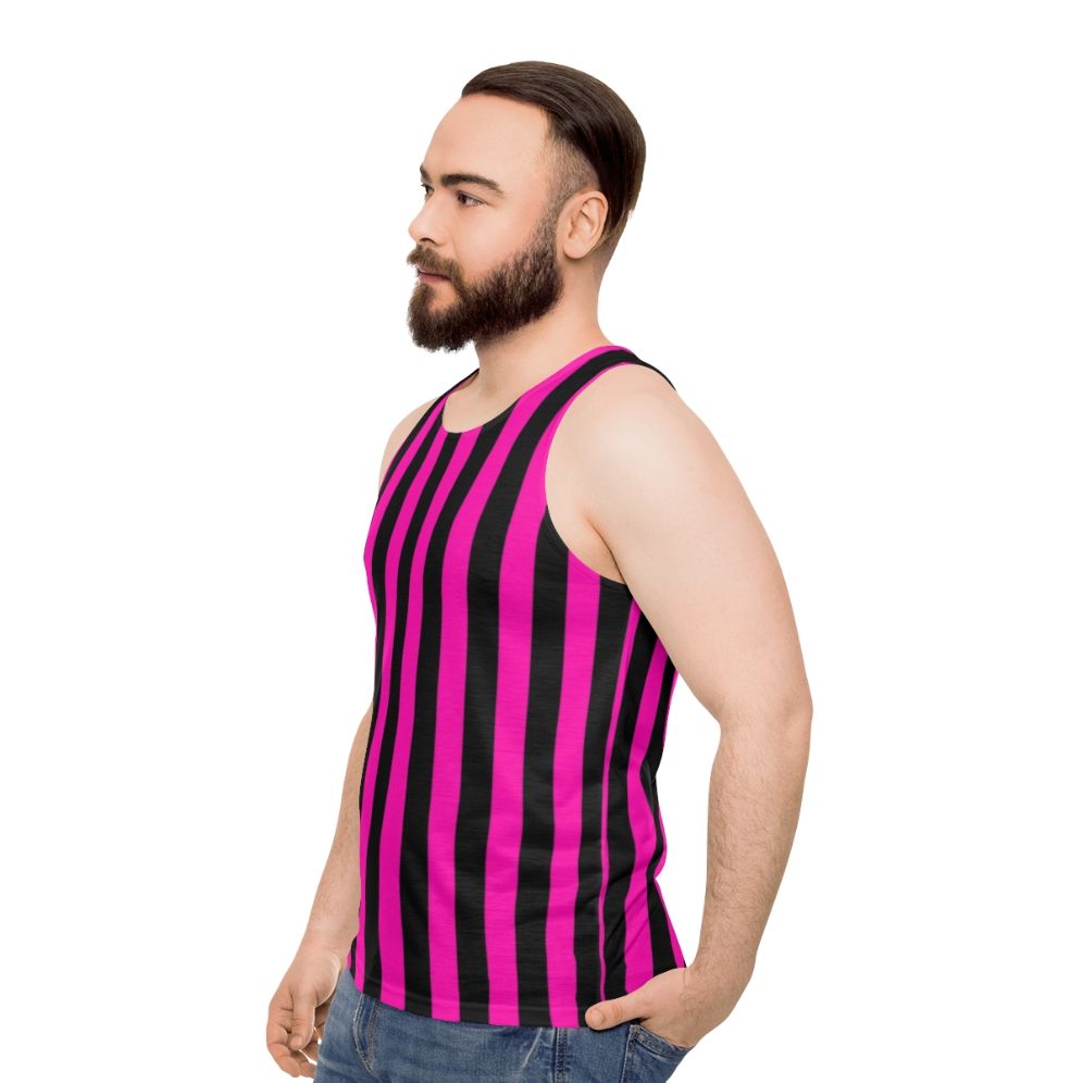 Unisex tank top in bold pink and black striped pattern - men side