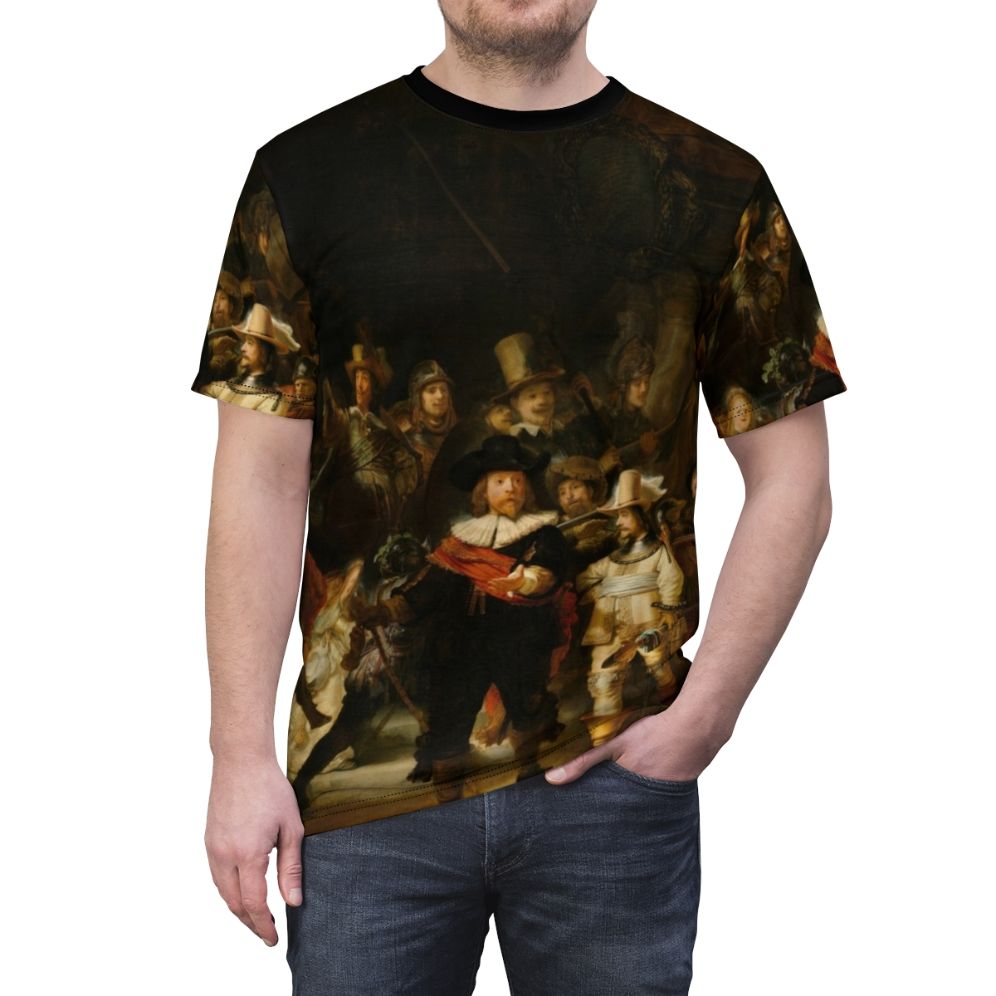 Rembrandt's famous painting "The Night Watch" featured on a high-quality all-over print t-shirt. - men front