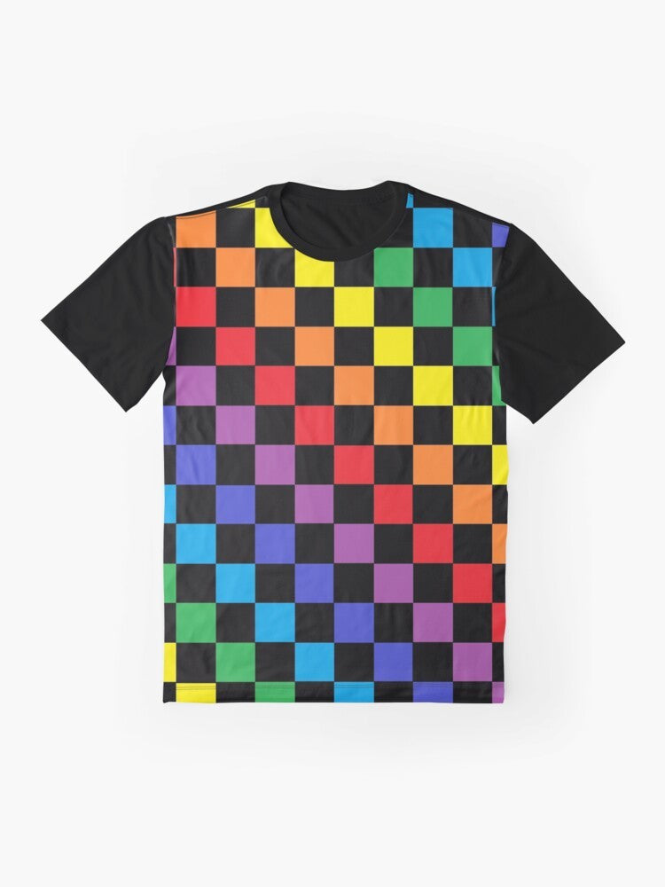 Colorful checkered rainbow graphic design on a black t-shirt - Flat lay