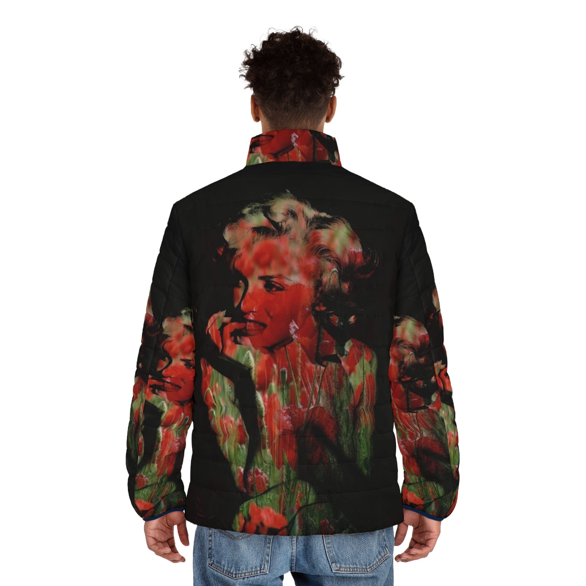 Colorful puffer jacket with abstract, neon design inspired by pop culture and Marilyn Monroe's addiction - men back