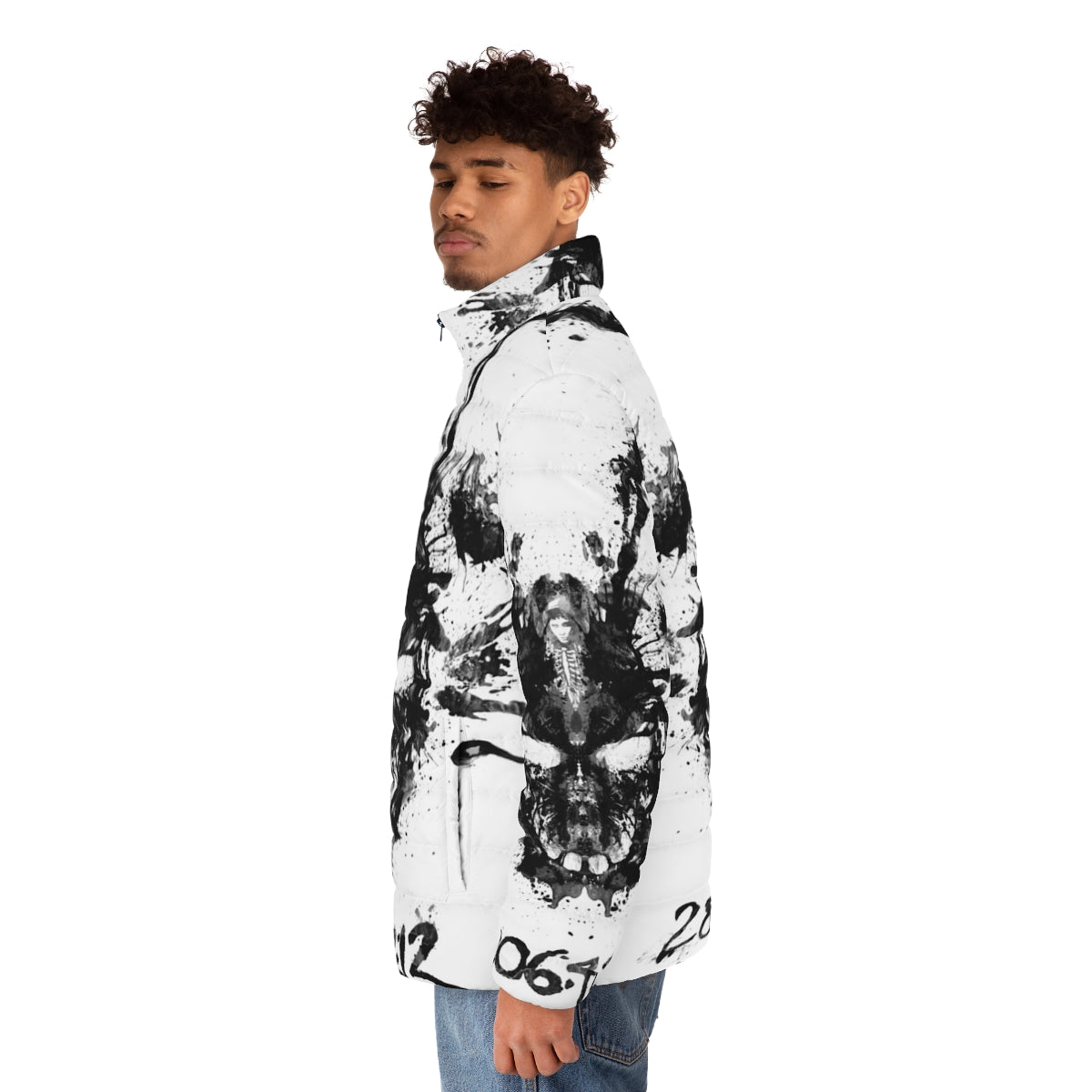 Donnie Darko inspired inkblot puffer jacket with a vintage, retro graphic design - men side left