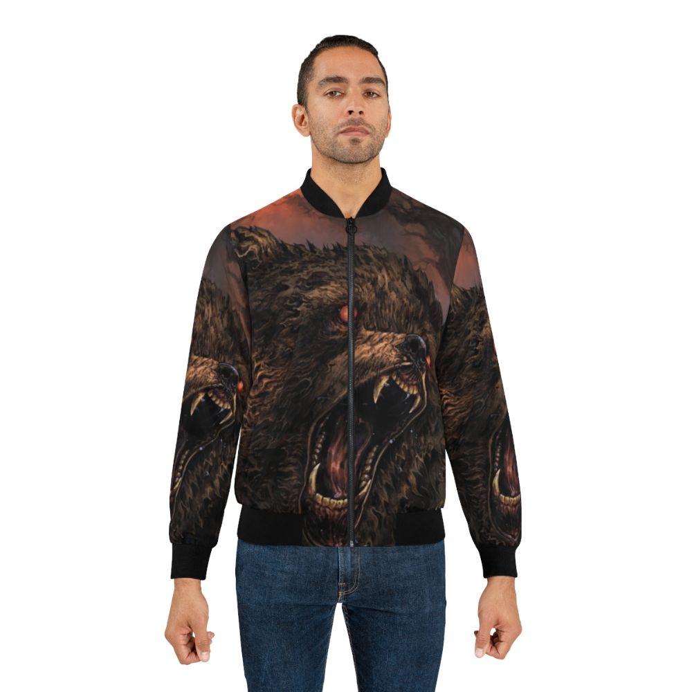 Grizzly Inscryption fantasy art bomber jacket featuring a detailed illustration of a beast or monster - Lifestyle