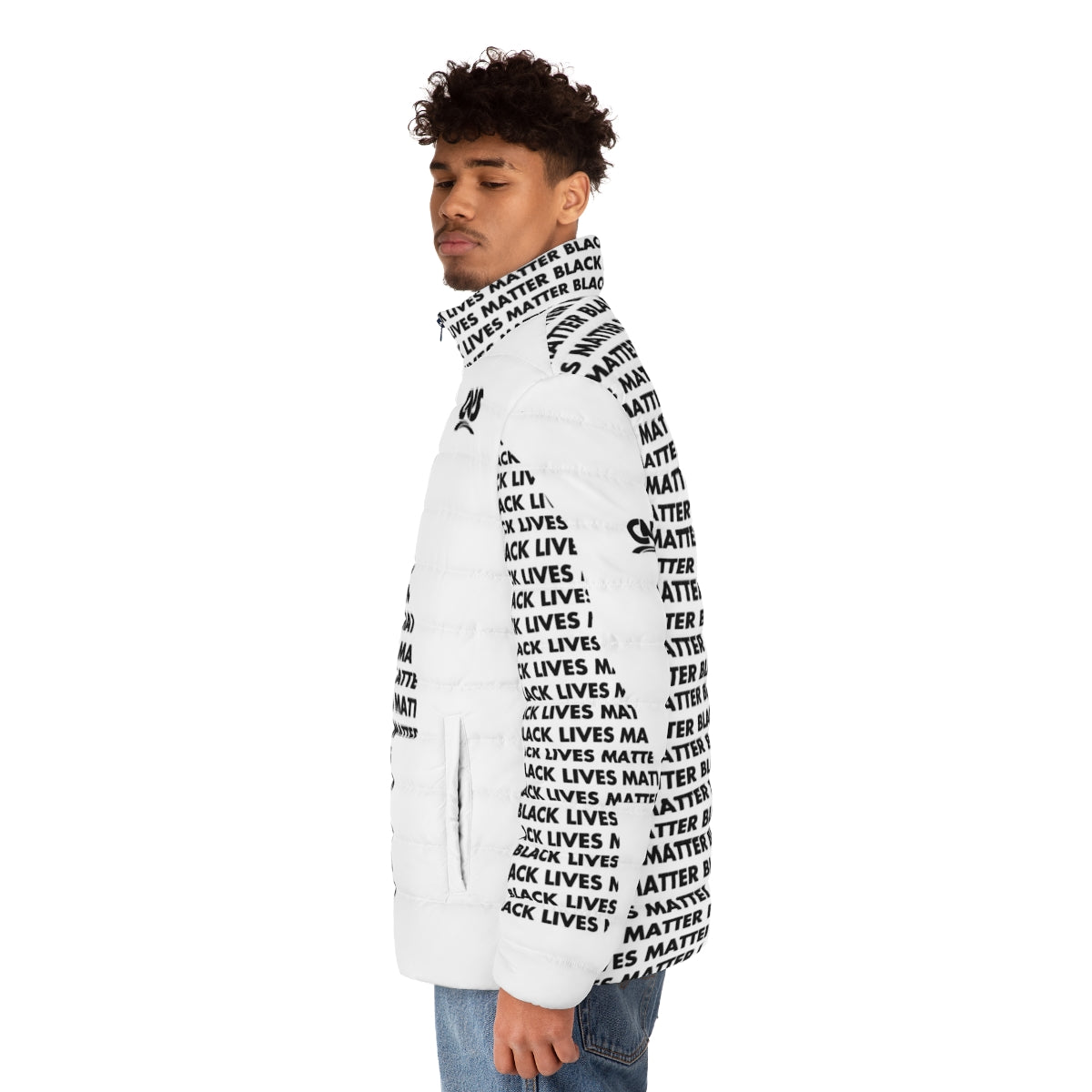 White puffer jacket with "BLM" printed in black - men side left